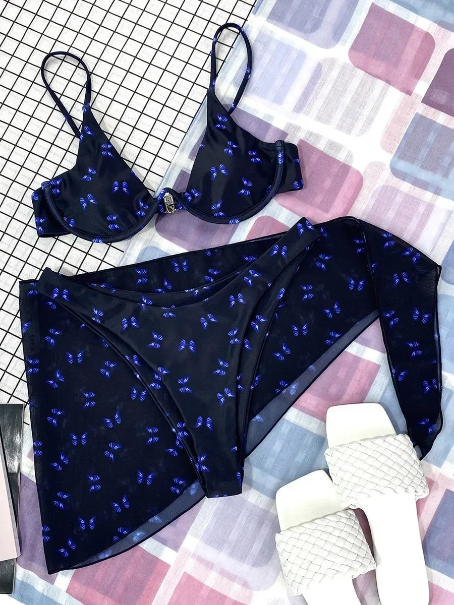 Butterfly Print Underwired V-Bar Bikini Women Swimsuit Female Swimwear Three-pieces Bikini Set Push Up Bathing Suit Beach Sarong