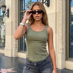 Women's Solid Color Ribbed Tank Tops Stylish Sleeveless Camisole with Metal Buckle Straps and Curved Hemline