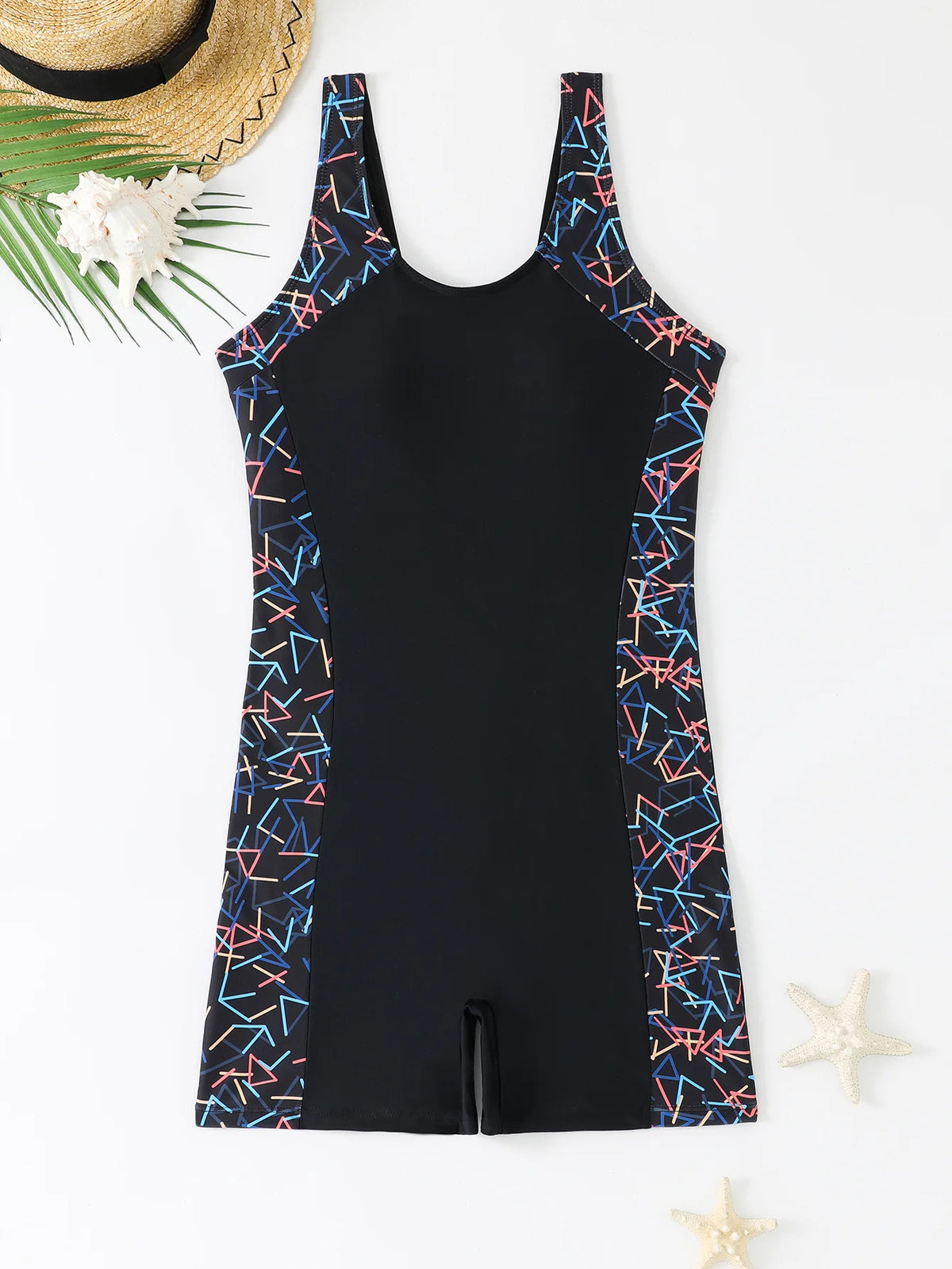 Women One-piece Sports Swimsuit Professional Training Athletic Boyleg Bathing Suit Printed Swimwear Patchwork Beach Wear Blue