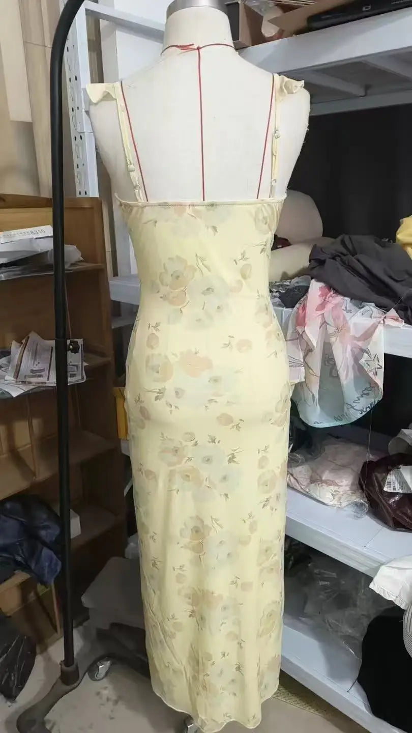 Sexy Elegant Flower Print Slim Long Dresses Women V-neck Low Cut Leace-up Backless Package Hip Bodycon Sleeveless Dress Female