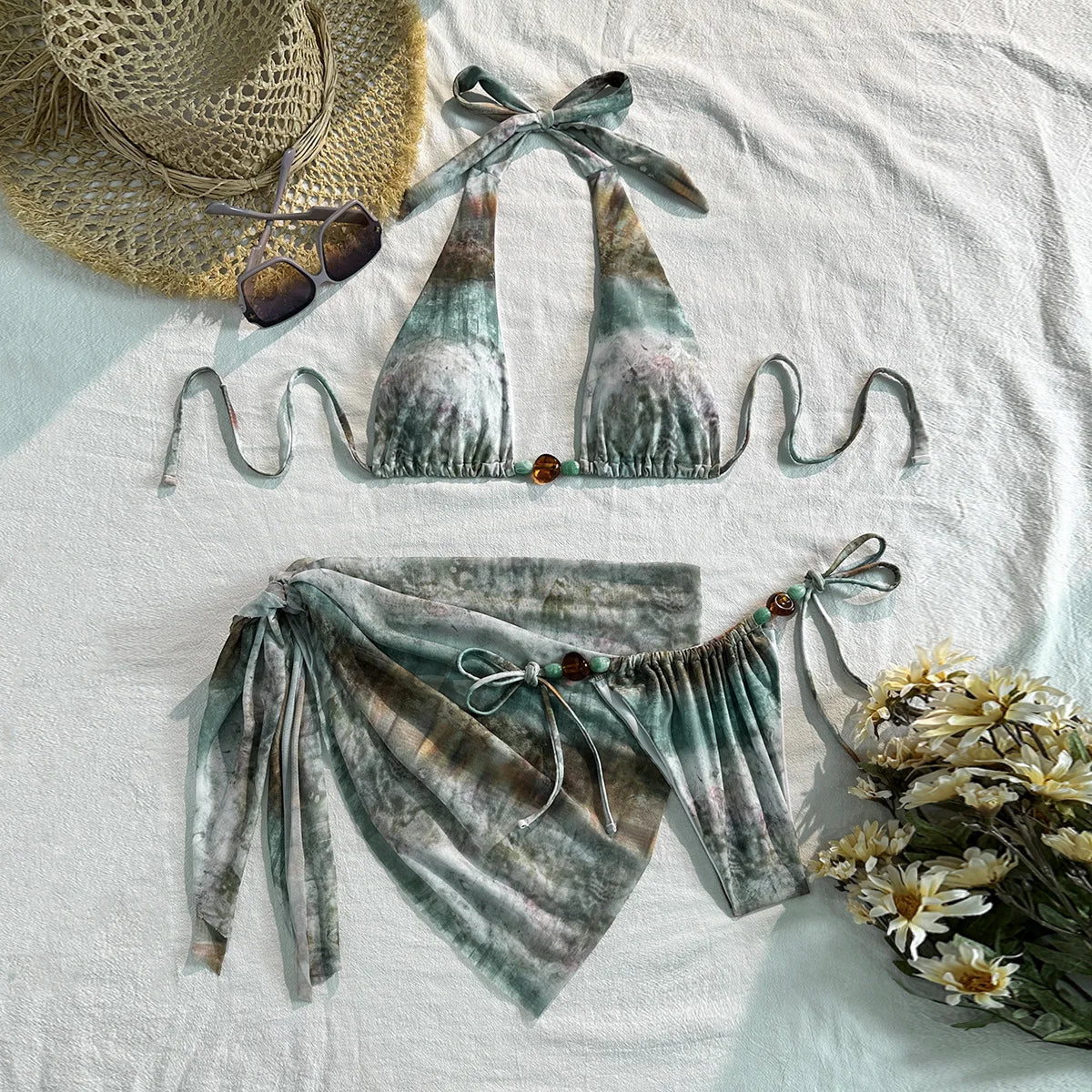 Vintage Green Tie Dye Gradient Bikini Set 2026 Women Pearls Push Up Bra Cover Up 3 Piece Swimsuit Bathing Suit Holiday Swimwear