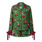 Womens 2025 Christmas Pajamas Sets Print Button Up Long Sleeve Lapel V Neck Tops and Shorts Lounge Wear Satin 2 Pieces Set