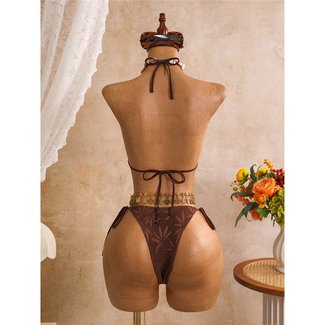 New Leaves Printed Halter Bikini Suit Female Swimsuit Women Swimwear Bather Bathing Suit Swim Three-Pieces Bikini Set
