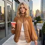 Women's Spring Summer Solid Color Sheer Blouse Glitter Long Sleeve Mock Neck Open Front Tops Streetwear