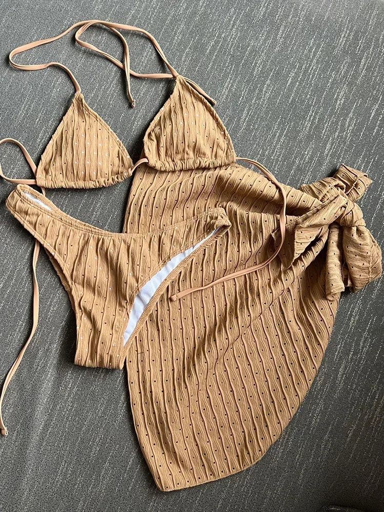 3pcs Sarong Beach Cover Up Skirt Wrinkled Bikini Women Swimwear Female Swimsuit Three-pieces Bikini Set Bathing Suit Swim Lady