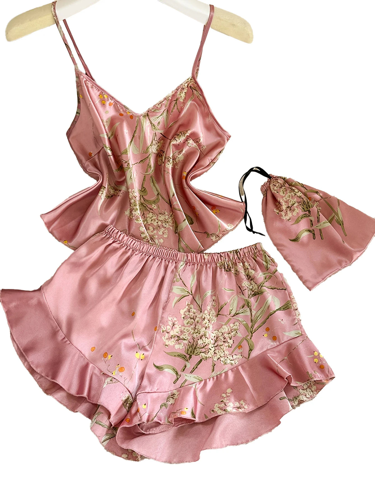 New Women Satin Pajama Set Cherry Print V Neck Top Ruffle Shorts Versatile Outfit Wearable Outside Elegant Sleepwear
