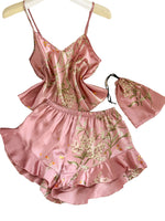 New Women Satin Pajama Set Cherry Print V Neck Top Ruffle Shorts Versatile Outfit Wearable Outside Elegant Sleepwear
