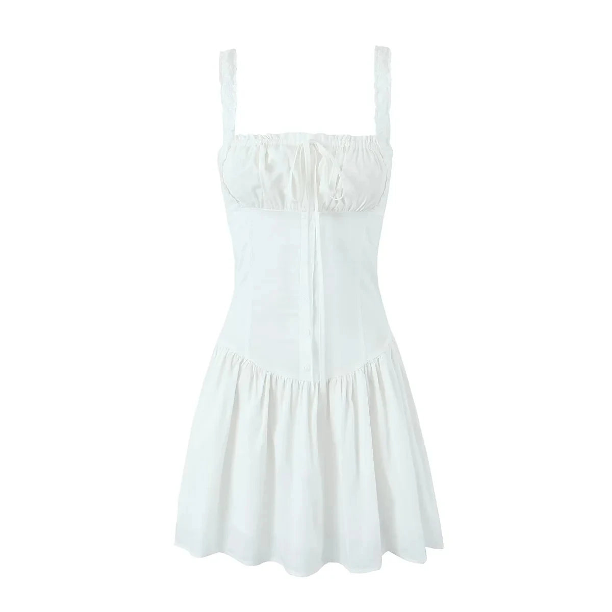 Foridol Bowknot Smocked White Short Dress Women Summer Cotton Mini Sleeveless Tank Sundress Beach Chic Buttons Dress for Petite