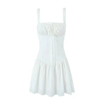 Foridol Bowknot Smocked White Short Dress Women Summer Cotton Mini Sleeveless Tank Sundress Beach Chic Buttons Dress for Petite