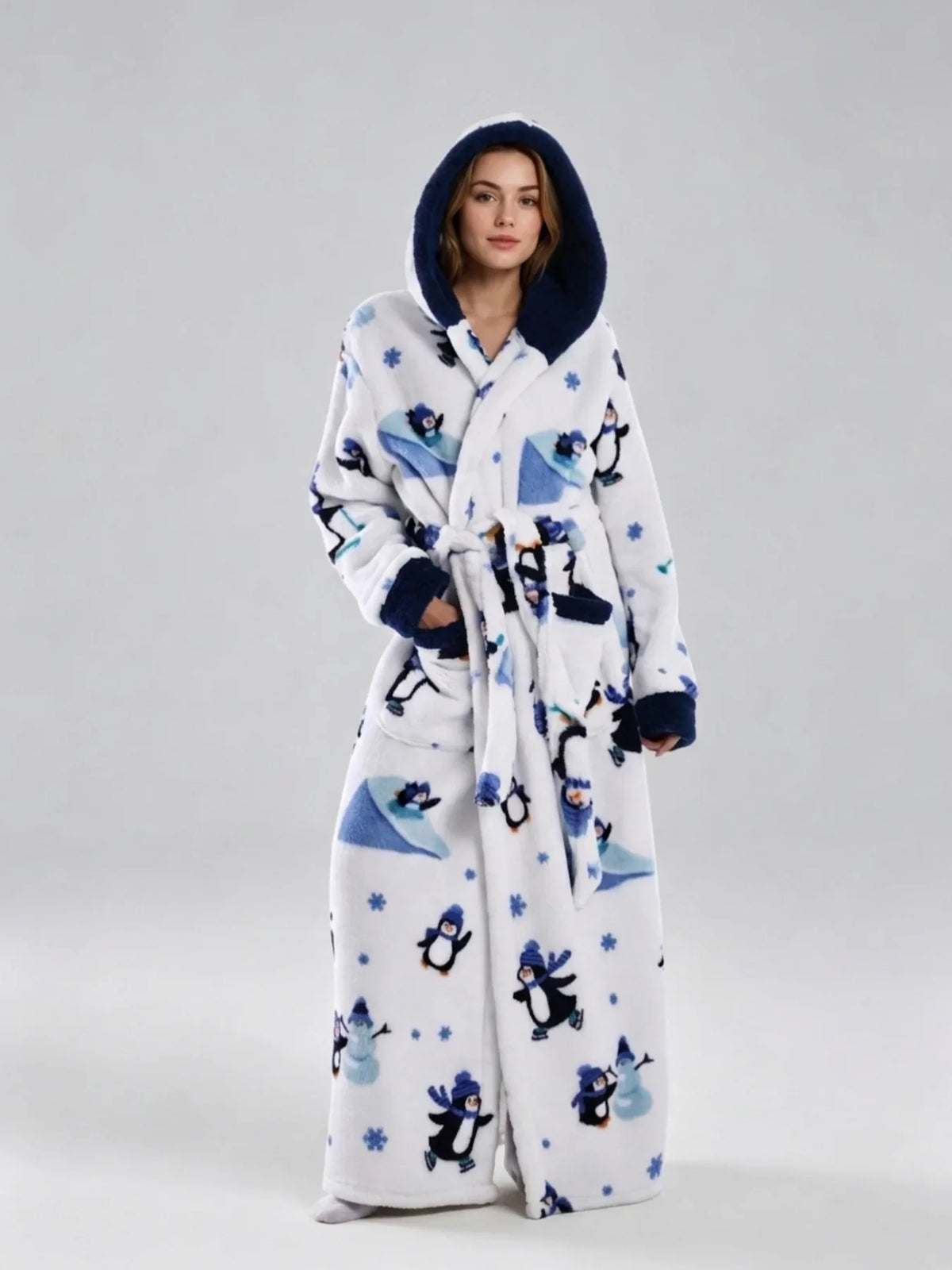 Winter Hooded Flannel Bath RobeCouples Loose Fit Animal Fruit Multi Print Long Loungewear Robe with Belt Double Side Pockets