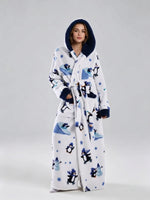 Winter Hooded Flannel Bath RobeCouples Loose Fit Animal Fruit Multi Print Long Loungewear Robe with Belt Double Side Pockets