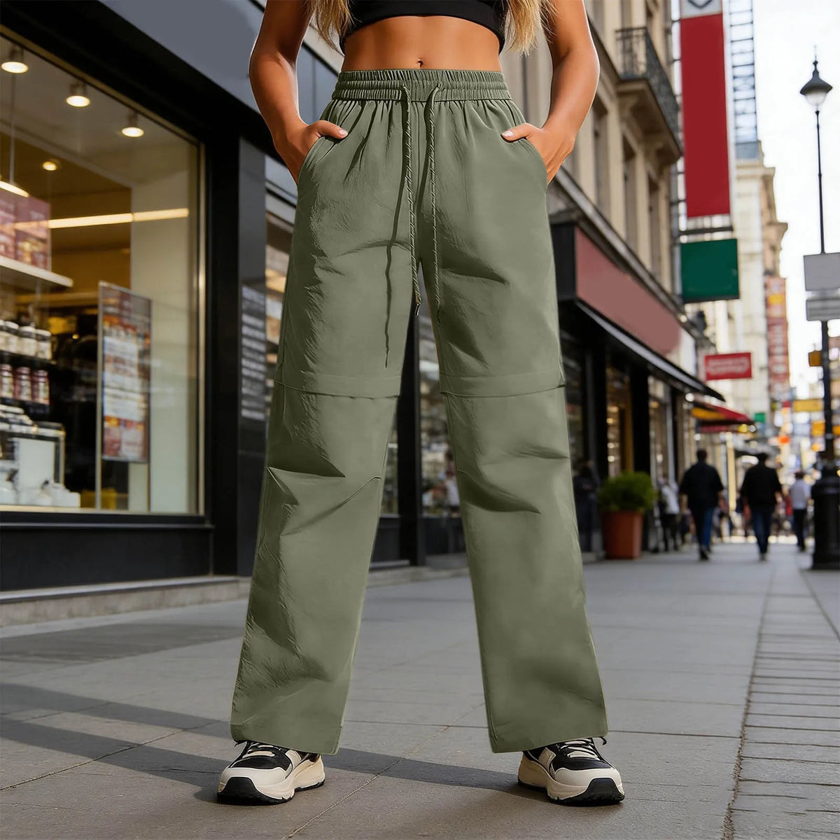 Women's Casual Waterproof Hiking Pants Loose Fit Zip Off Convertible Shorts High Waist Drawstring Wide Leg Pants With Pockets