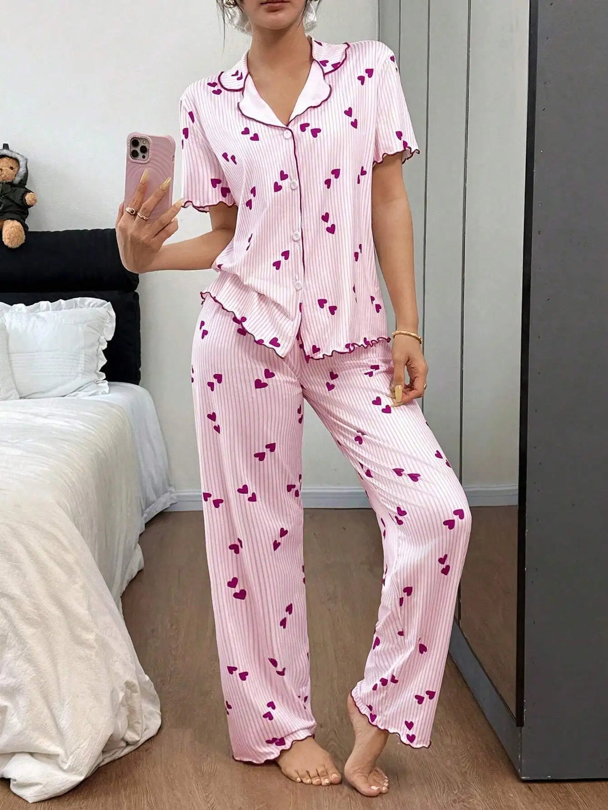 Loose Fit V-Neck Short Sleeve Print Cardigan Tops and Long Pants Set Home Sleepwear Women's Sleepwear Casual Pajamas Set