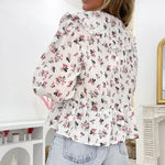 Floral Print Babydoll Tops for Women Casual Loose Doll Collar Open Front Tie-Up Ruffled Hem Long Sleeve Blouse for Fall