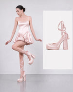 Size 42 Elegant Pink Satin Platform Block Heel Pumps Black Ribbon Wrap Ballerina Bow Wedding Party Dress Heels Shoes Women