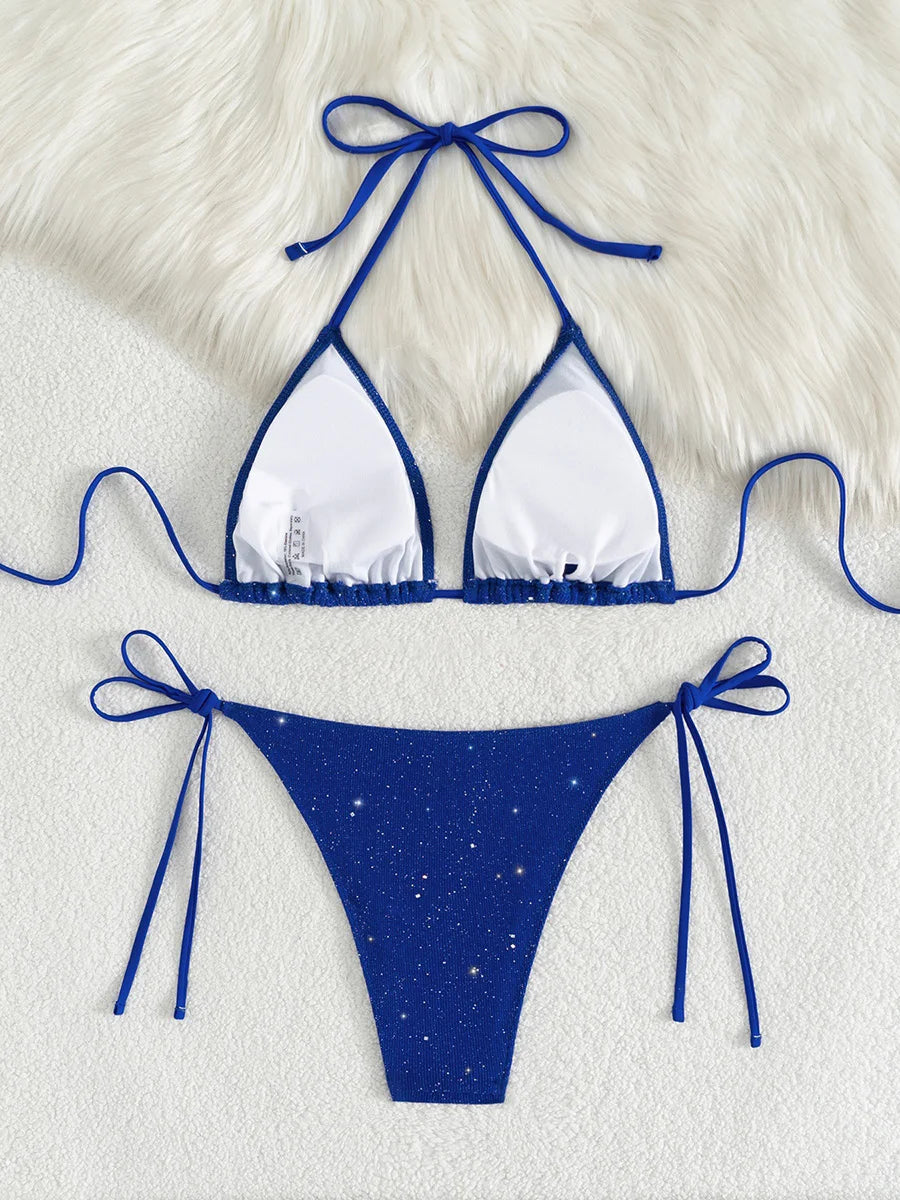 Shiny Sparkling Halter Strappy Bikini 2025 High Cut Bikinis Female Swimsuit Women Swimwear Two-pieces Bikini Set Bathing Suit