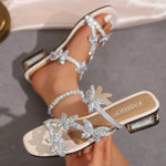 Luxury Crystal Butterfly Sandals for Women Summer Hollow Out Square Heels Sandals Woman Elegant Med Heel Party Shoes Plus Size