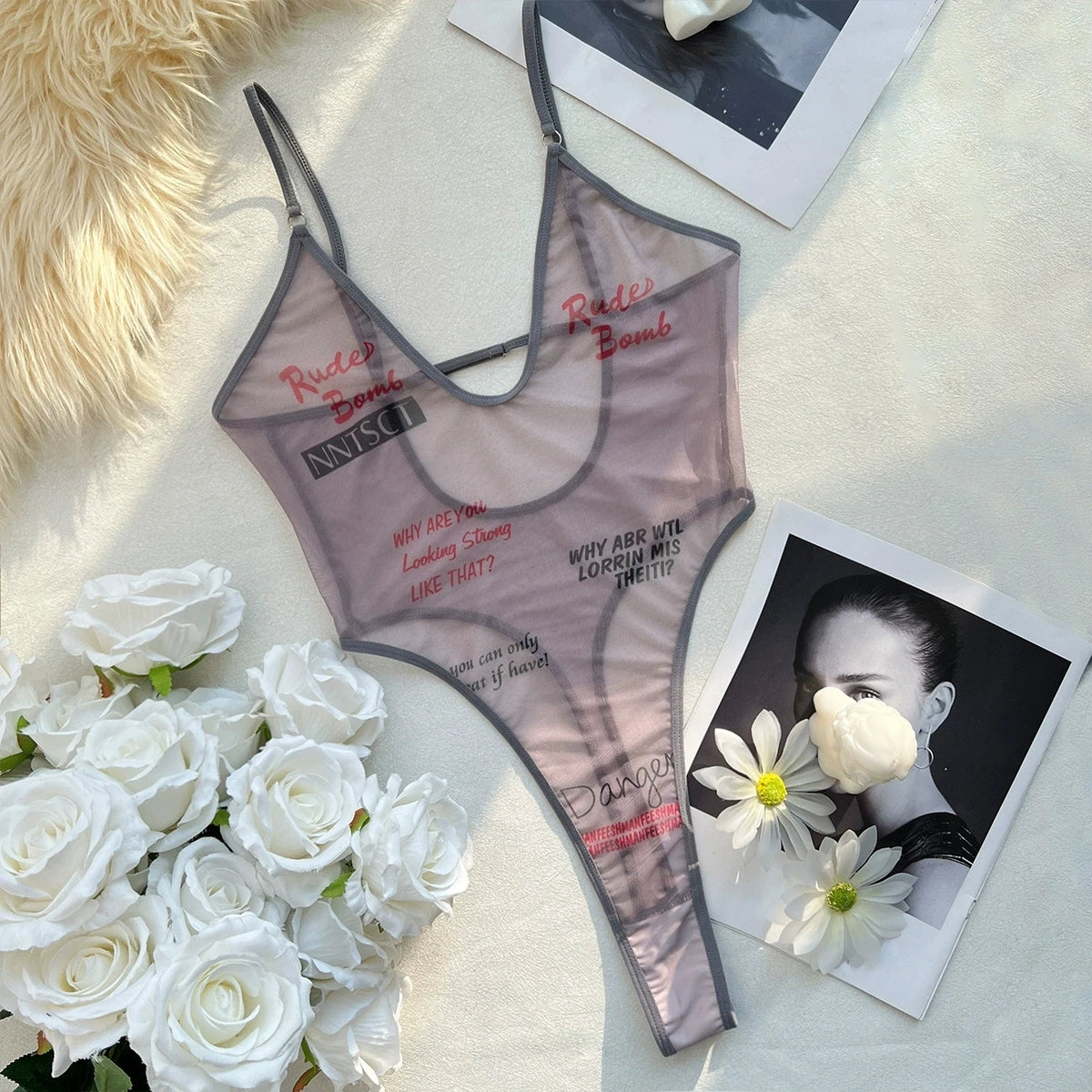 DEKA Original Transparent Mesh Letters V-Neck Swimwear Thong Backless One-Piece Swimsuit High Leg Cut Leotard Sexual Women Tight