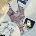 DEKA Original Transparent Mesh Letters V-Neck Swimwear Thong Backless One-Piece Swimsuit High Leg Cut Leotard Sexual Women Tight