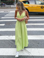 Foridol Elastic Smocking Green Cotton V Neck Summer Women's Dress Sleevless Long Green Maxi Casual Strapy Dress Solid Female