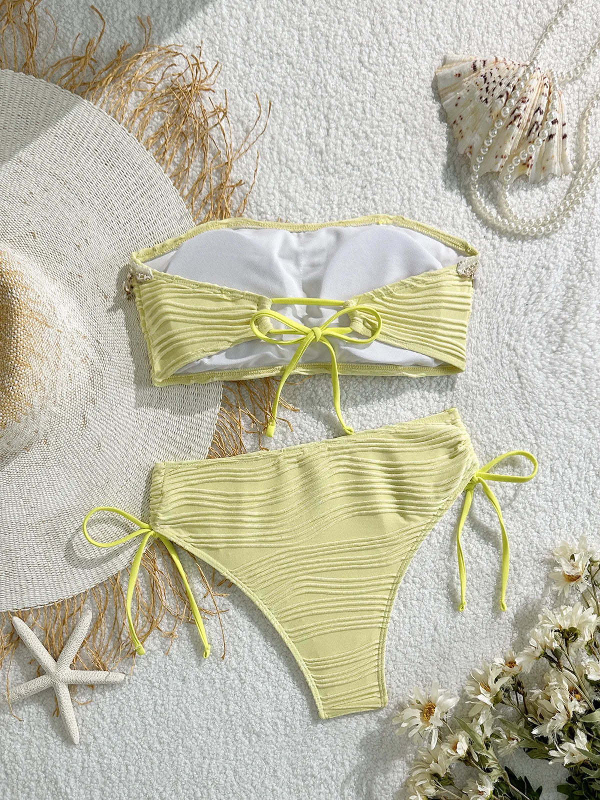 XS - XL Wrinkled High Cut Bandeau Bikini Women Swimwear Female Swimsuit Two-pieces Bikini Set Shells Bather Bathing Suit Swim