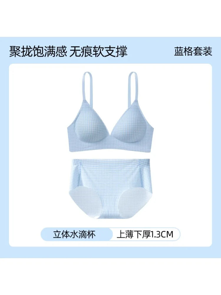 Japanese Checkered Crop Top Bra Small Bust Anti-Sagging Wirefree Pure Cotton Bralette Beachwear Light Support Set S-XL AU MOYISU