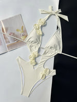 Sexy Pearls 3D Flower Deigner One Piece Swimsuit 2026 Women Beige Hollow Out Bandage Backless Bathing Suit Swimwear Monokini