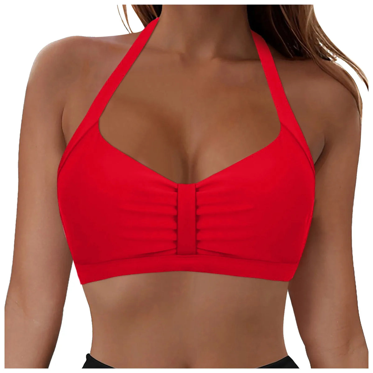 Womens Halter Neck Ruched Bikini Top Padded Push Up Swim Tops Adjustable Tie Back Bathing Suit Top Beach Pool Vacation Swimwear