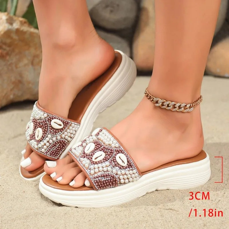 2026New Series Flat Bottom Leaky Toe with Water Diamond Decorative Slippers Fashion and Comfortable Women's Slippers