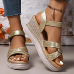 Fashion Gold Wedge Heel Sandals Women 2025 Cross Band Summer Platform Sandles Woman Plus Size Thick Bottom Rome Shoes Female