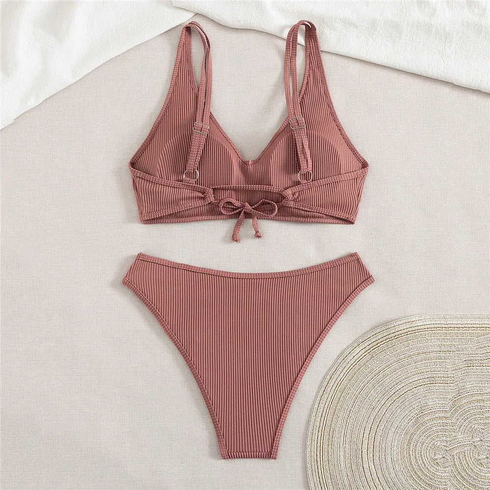 Solid Brown Ribbed Swimwears Sexy Bikinis Sets Push Up Swimsuit Woman 2026 Summer Back Lace-up Bathing Suit Bikini Dames Biquini
