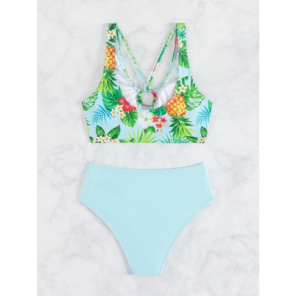 Sexy High Waist Bikini Floral 2026 Women Swimsuit Two Piece Swimwear Female Bikinis Set Blue Bathing Suits Brazilian Biquini