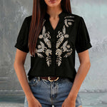 Women Floral Embroidery Puff Short Sleeve T Shirt Stand Collar V Neck Button Down Loose Solid Tees Summer Boho Casual Office Top