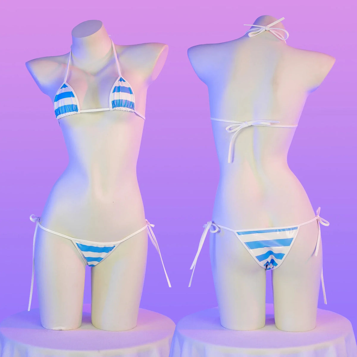 Summer Swimwear Japanese Kawaii PU Leather Micro Bikini Set Women Swimsuit Stripes Bra Set Sexy Lingerie Underwear Costume