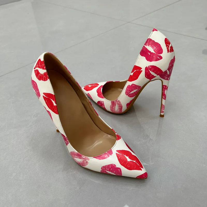 white lipstick Lips Printed High Heel Shoes 12cm 10cm 8cm Pink Colorized Shallow Dress Pumps Pinted Toe Slip-On Banquet Heels