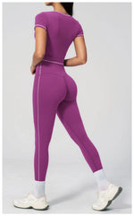 2PC Color Contrast Yoga Suit Women Short Sleeve Square Collar Slim Sports Top Fitness Suits Outdoor Exercise Leggings Tracksuit