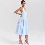 French Style Blue Jacquard Dress With French Vibe V-neck Backless Holiday Halter-neck Dress Niche Long Dress Pure Desire U633