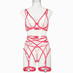 Toucheart 4 Piece Set Bra Set Nude See-Through Mesh Contrasting Color Hemmed Sexy Underwear For Women Girdle Garter Belt Suit