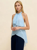 Women Summer Trendy Asymmetrical Layered Backless Shirts Solid Color Chiffon Halter Tops for Streetwear