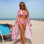 Boho Style Women's 3 Pcs Suit Swimwear Sexy Halter Lace-up Backless Bikini Set Cover-Up Beachwear Low Waist Push Up Bathing Suit