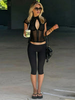 Women Sexy Hollow Out Mesh T-shirts 2026 Summer Bandage Short Sleeve Black Corset Girls Slim Crop Tops T Shirt Party Streetwear