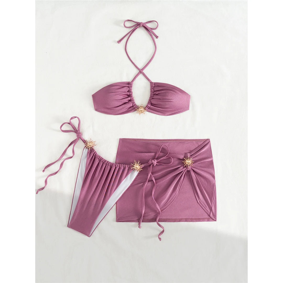 With Skirt Halter High Cut Strappy Bikini Female Swimsuit Women Swimwear Three-Pieces Bikini Set Bather Bathing Suit Swim V6398