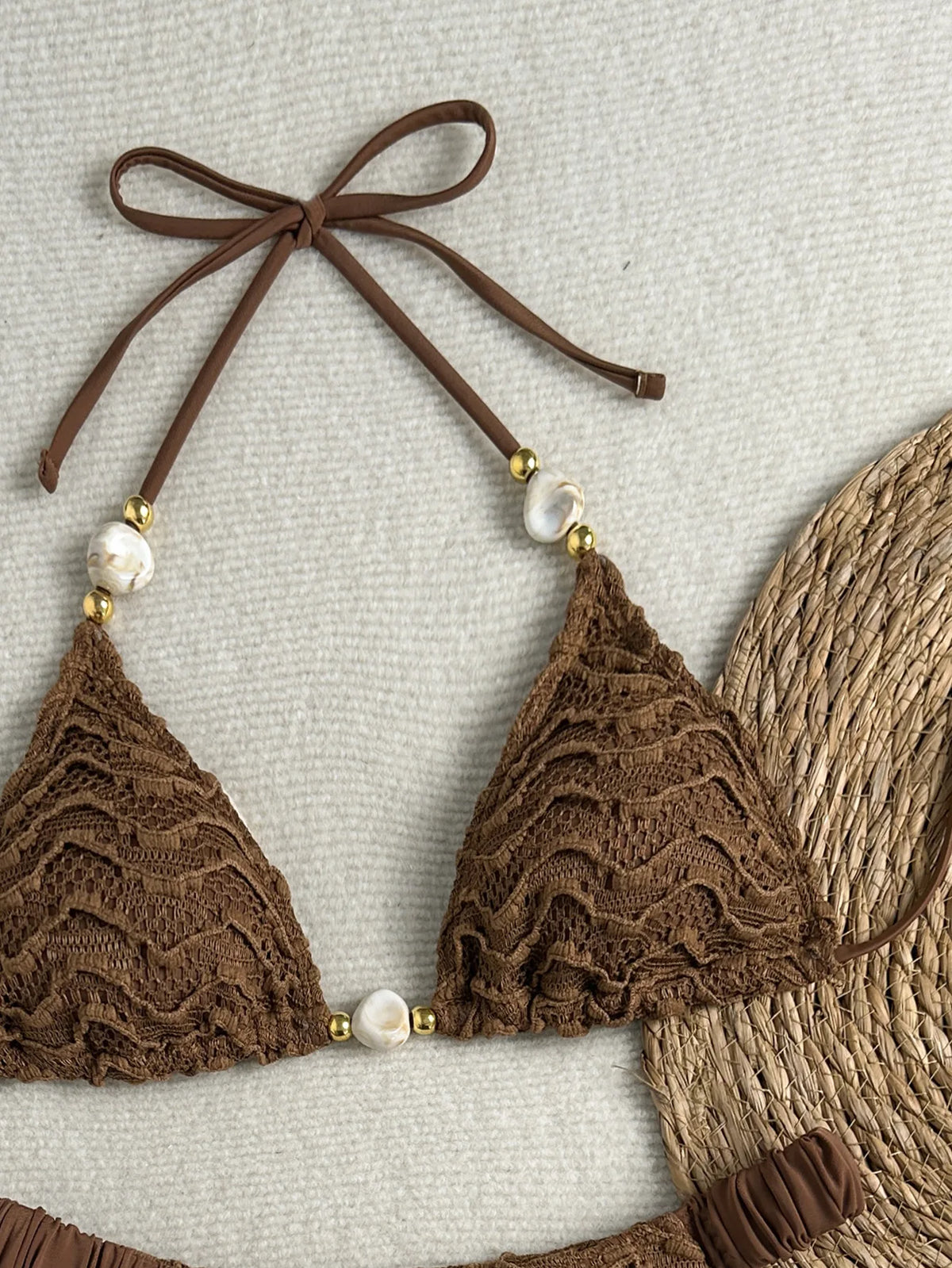 Sexy Beige Black Micro Bikini Set 2026 Women Pearls Strap Push Up Bra Pleate Thong Swimsuit Beach Bathing Suit Holiday Swimwear