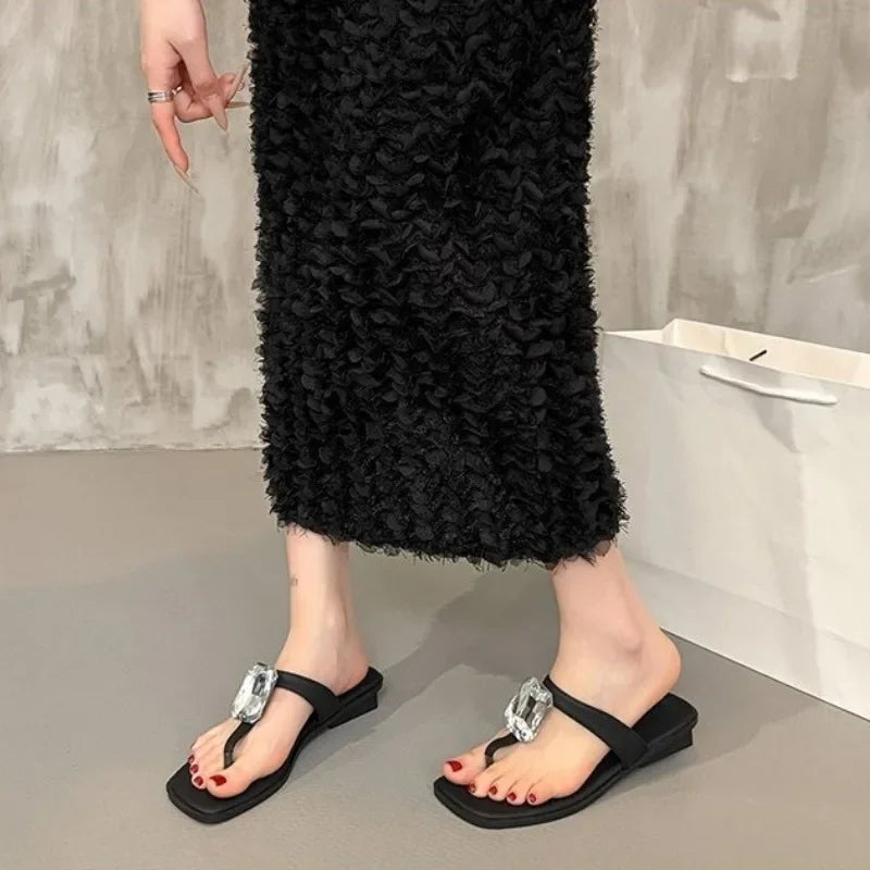 Low Heel Flip Flops Summer New Square Toe Clip Toe Soft Sole Non-Slip Wear-Resistant Flats Women's