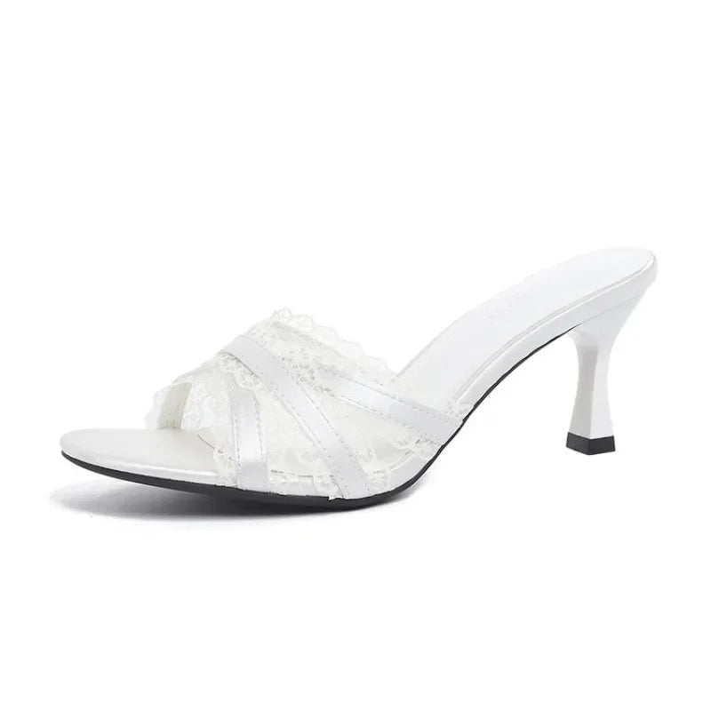 High Heel Sandals Lace Slippers Women Summer Sexy Wedding Shoes Party Single Shoes