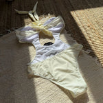 2025 New Color-Block Floral Pattern Trim One-Piece Slim Tie Hollow Out Swimsuit Sexy Backless Bathing Suit Trajes De Baño