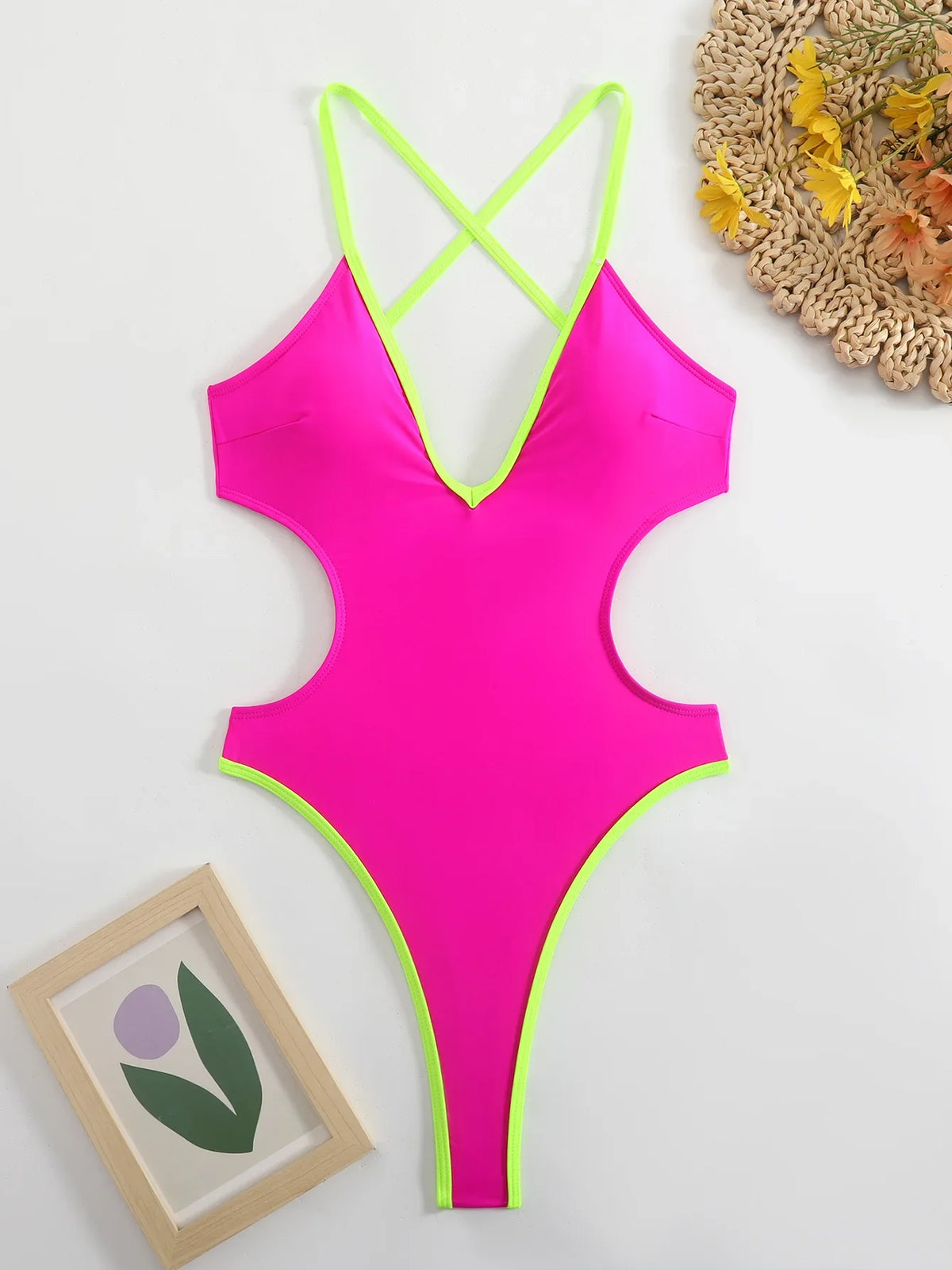 Sexy Neon Hot Pink Contrast Thong Swimwear 2026 Women V Neck Bandage Hollow Out Backless Beach Bathing Suit One Piece Swimsuit