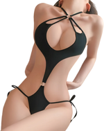 Women Black Cutout Bodysuit Lingerie Halter Neck Backless Teddy Tie Side Strappy One Piece Nightwear Party Outfit