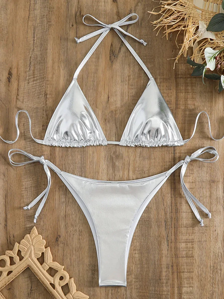 Sexy Shiny Pu Faux Leather Bikini 2025 Women Swimwear Female Swimsuit Two-pieces Bikini set String Bather Bathing Suit Swim Lady