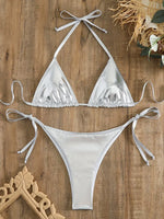 Sexy Shiny Pu Faux Leather Bikini 2025 Women Swimwear Female Swimsuit Two-pieces Bikini set String Bather Bathing Suit Swim Lady